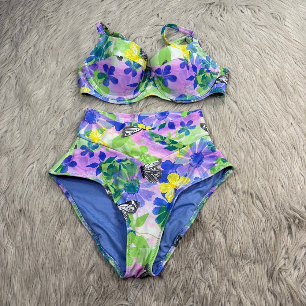 Aerie Women's XXS 32C Butterfly Floral Print Biking Swimsuit Underwire High Rise